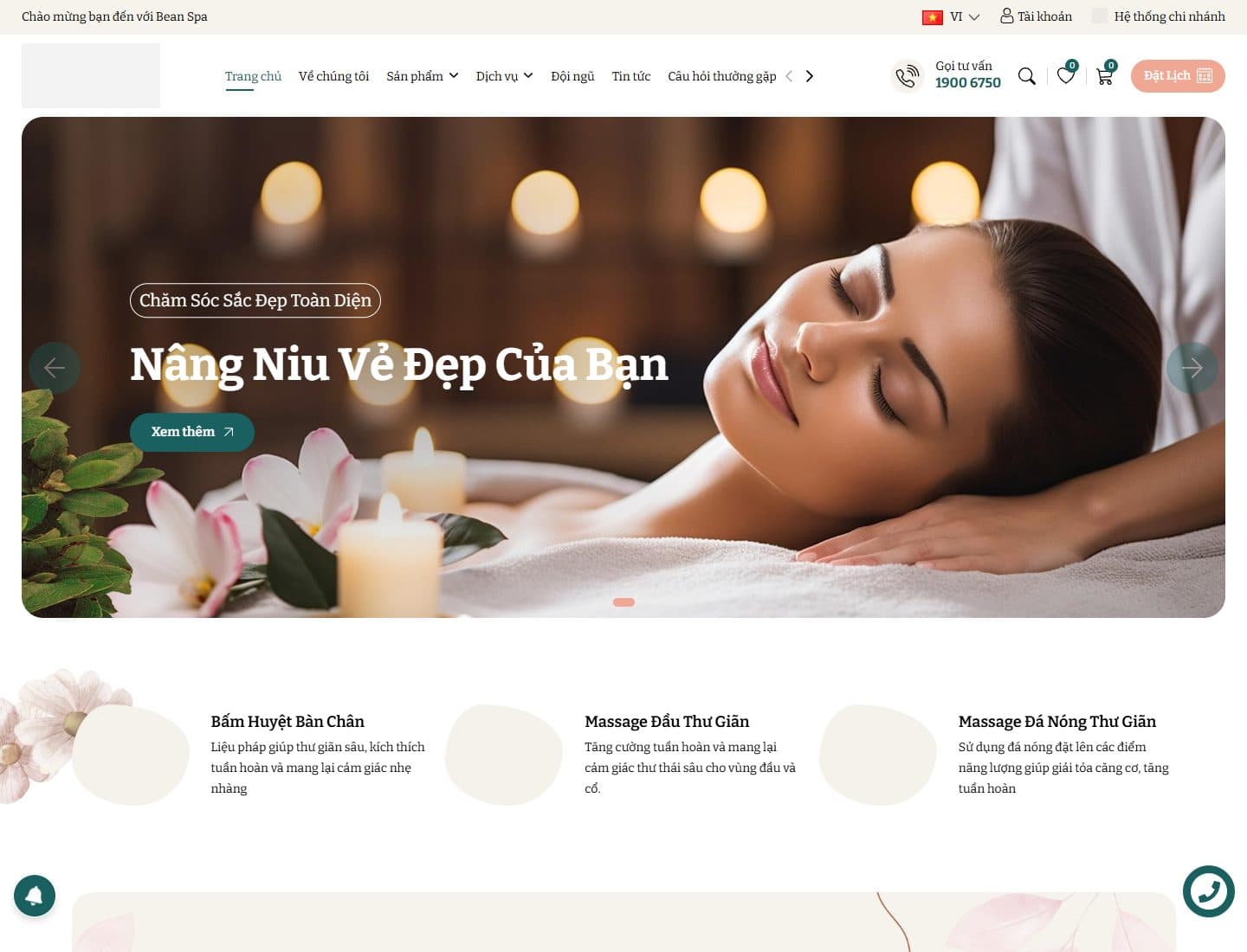 Mẫu website Bean Spa – Chăm sóc sắc đẹp - Giao diện ngành Spa & Làm đẹp, Nổi bật