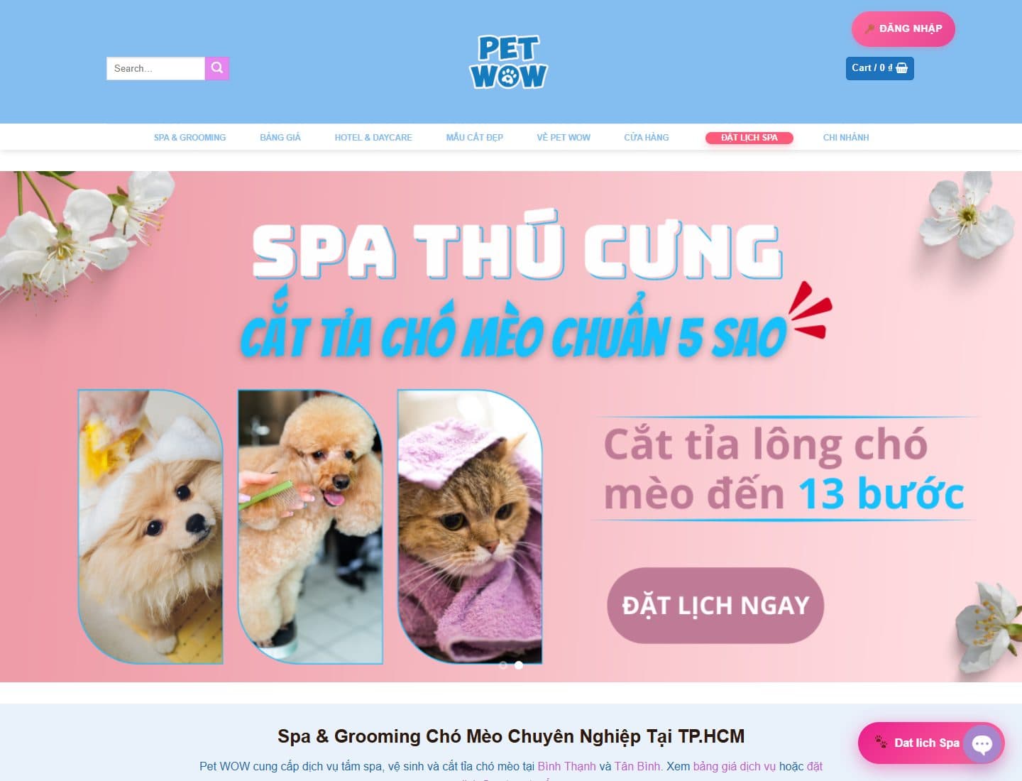 Mẫu website Pet WOW – Cửa hàng và spa thú cưng - Giao diện ngành Thú cưng