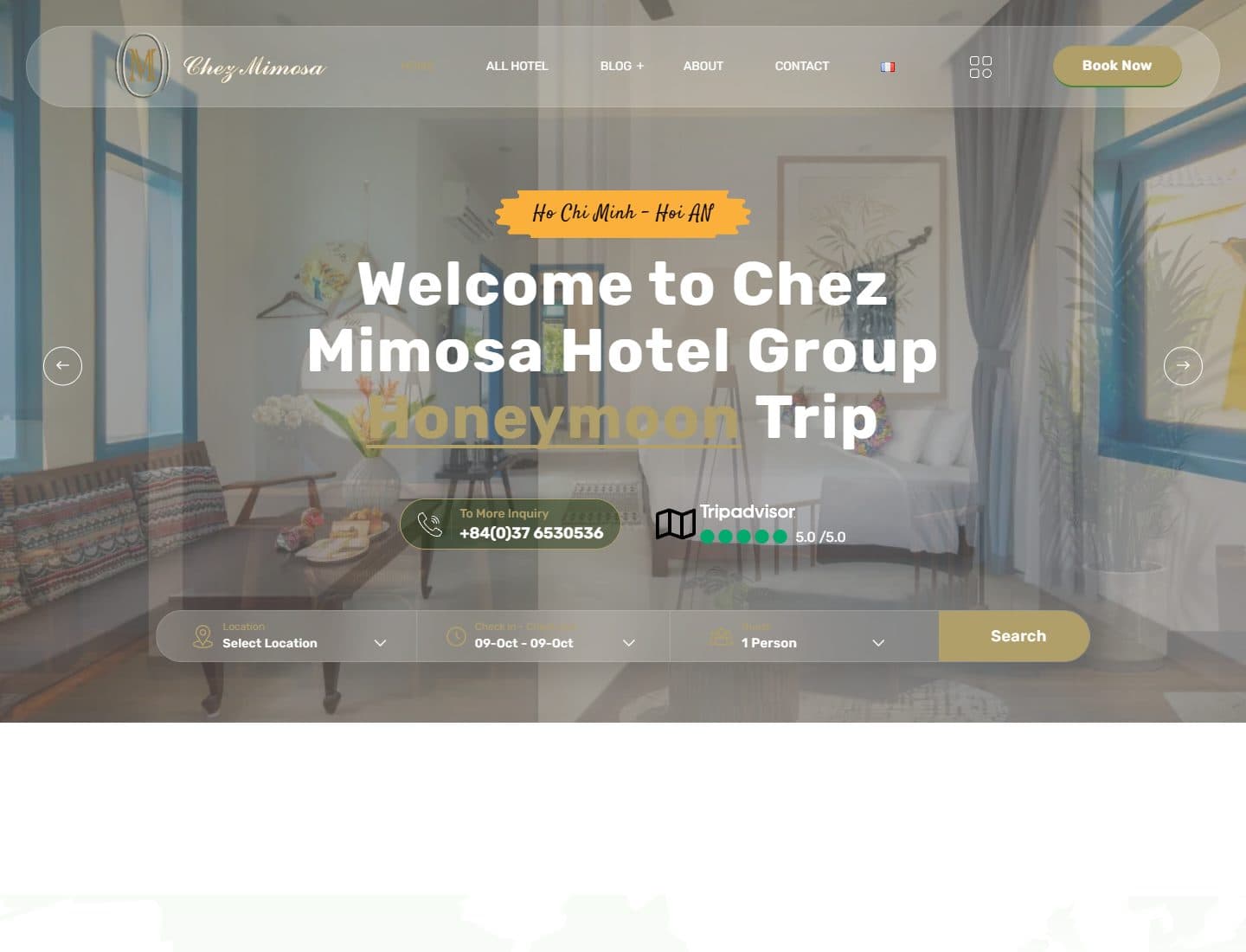 Mẫu website Chez Mimosa – Khách sạn boutique - Giao diện ngành Khách sạn