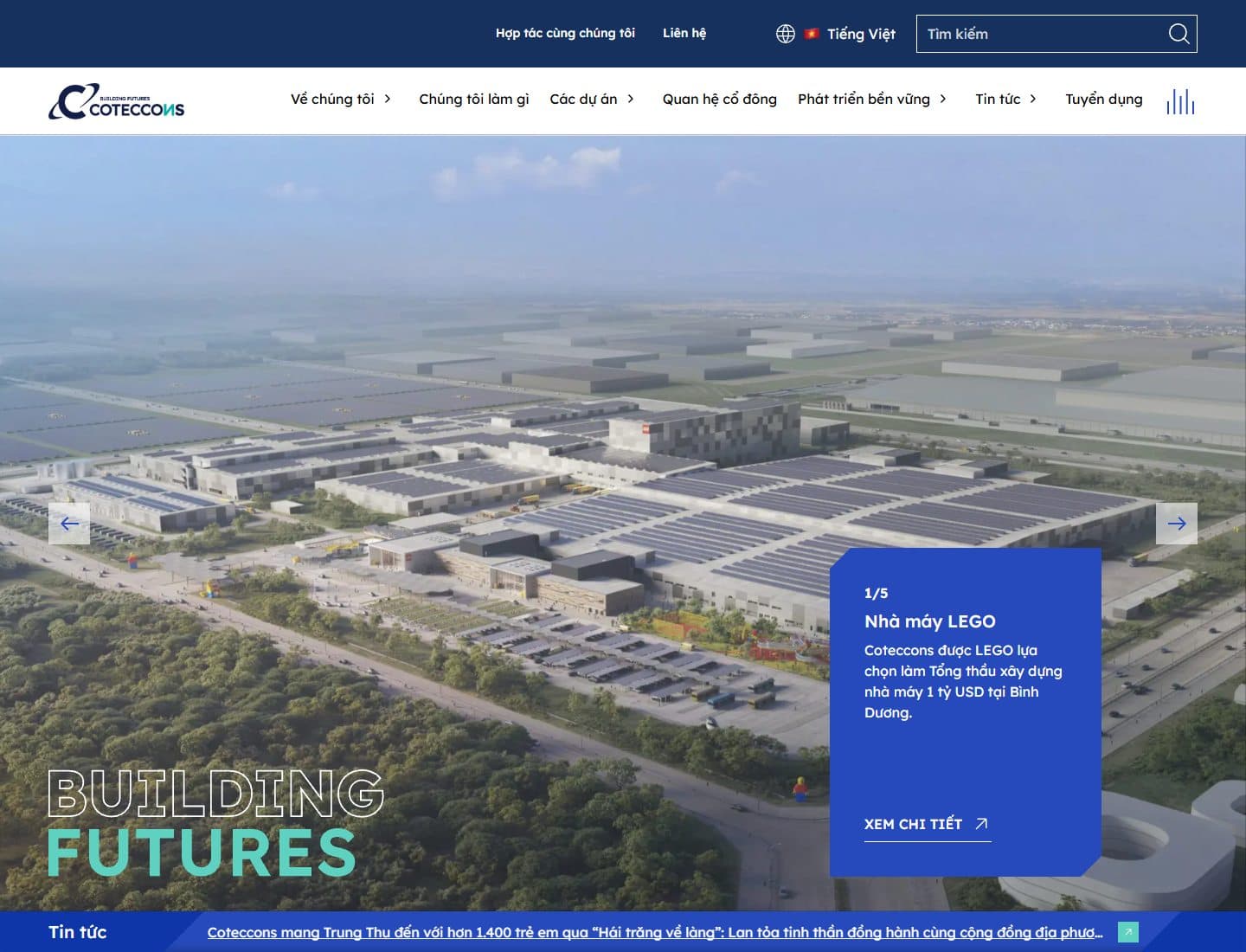 Mẫu website Coteccons – Tổng thầu xây dựng - Giao diện ngành Xây dựng, Công ty