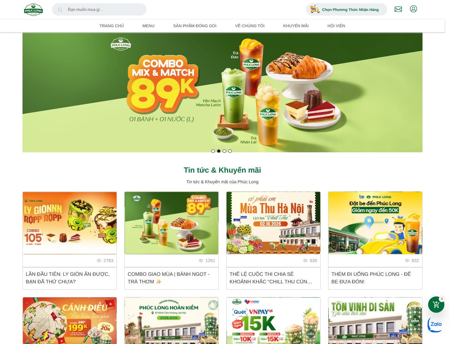 Mẫu website Phúc Long – Trà và cà phê - Giao diện ngành Nhà hàng