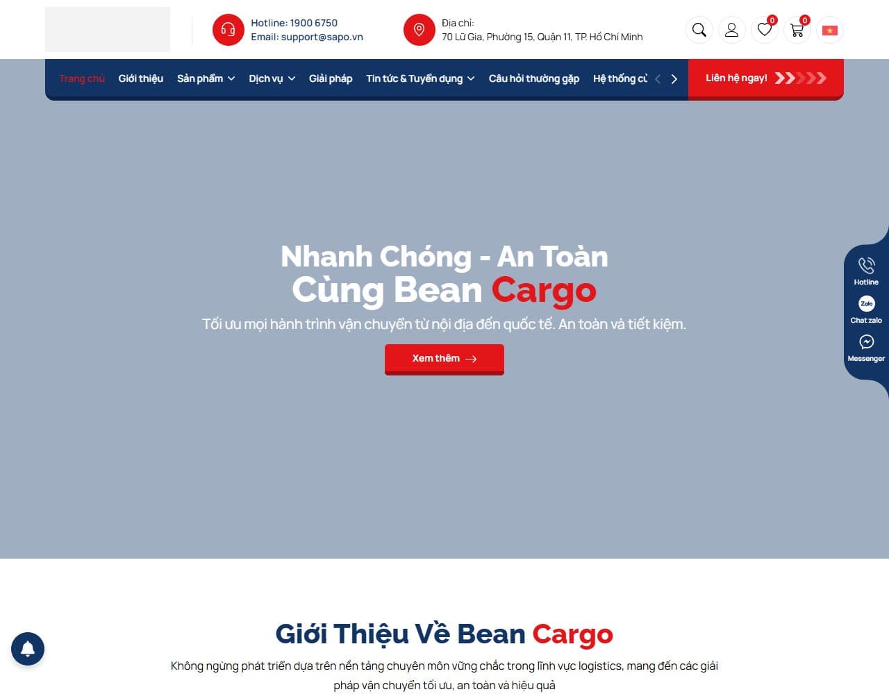 Mẫu website Bean Cargo – Vận chuyển hàng hóa - Giao diện ngành Vận tải & Logistics