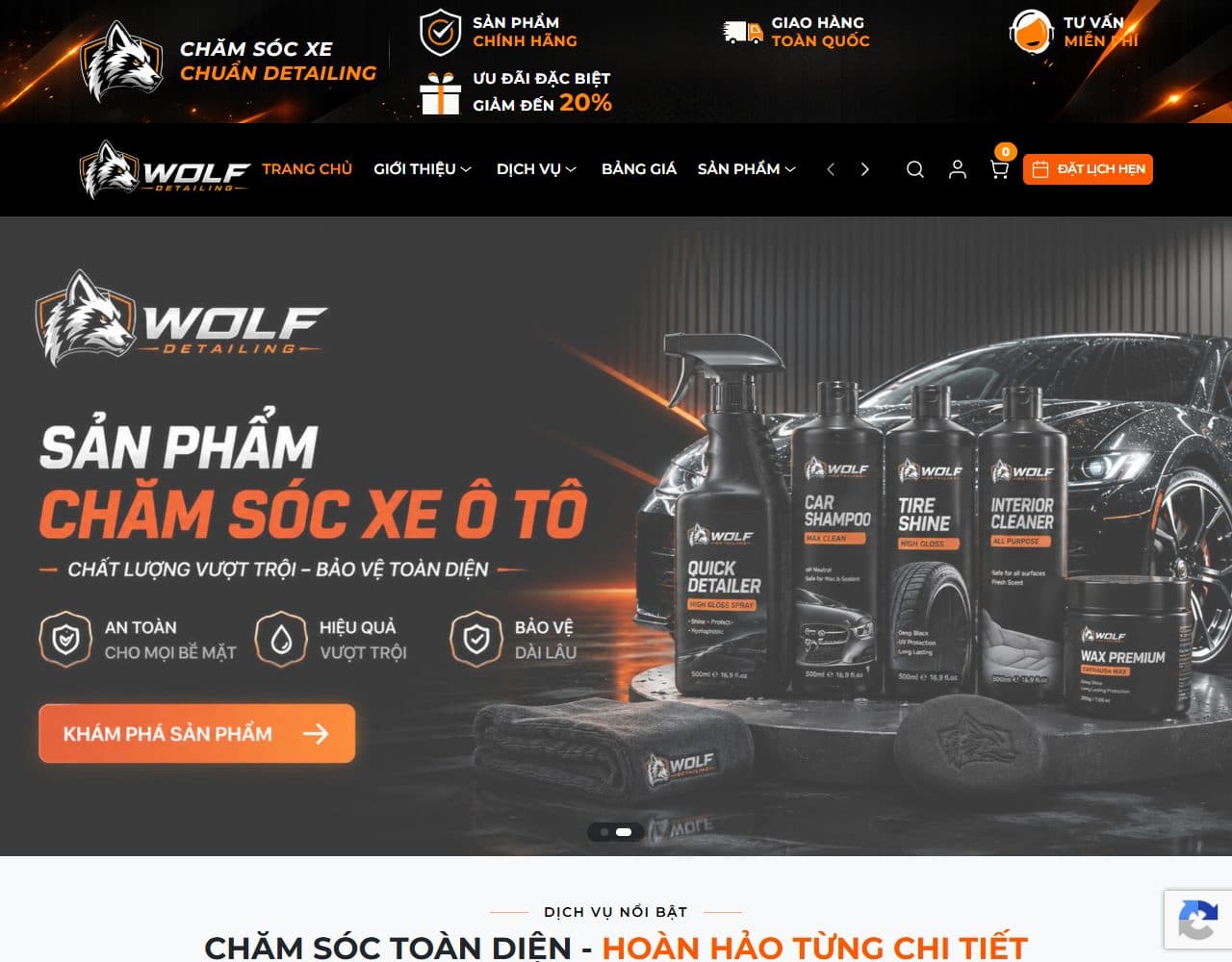 Mẫu website Wolf Detailing – Chăm sóc ô tô - Giao diện ngành Ô tô, Dịch vụ