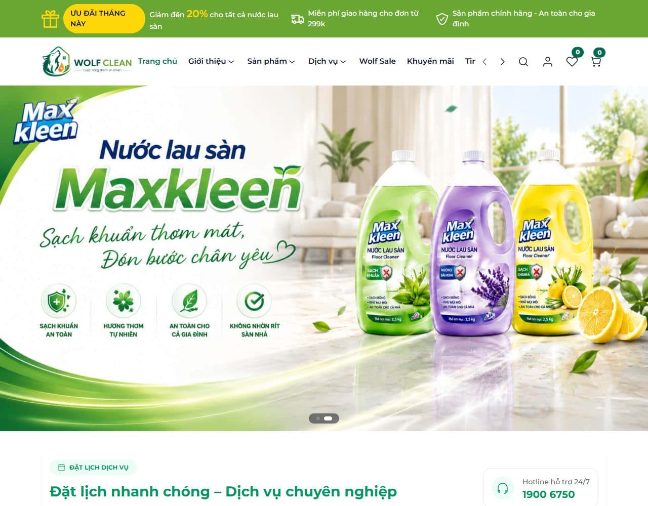 Mẫu website Wolf Clean – Dịch vụ vệ sinh - Giao diện ngành Dịch vụ