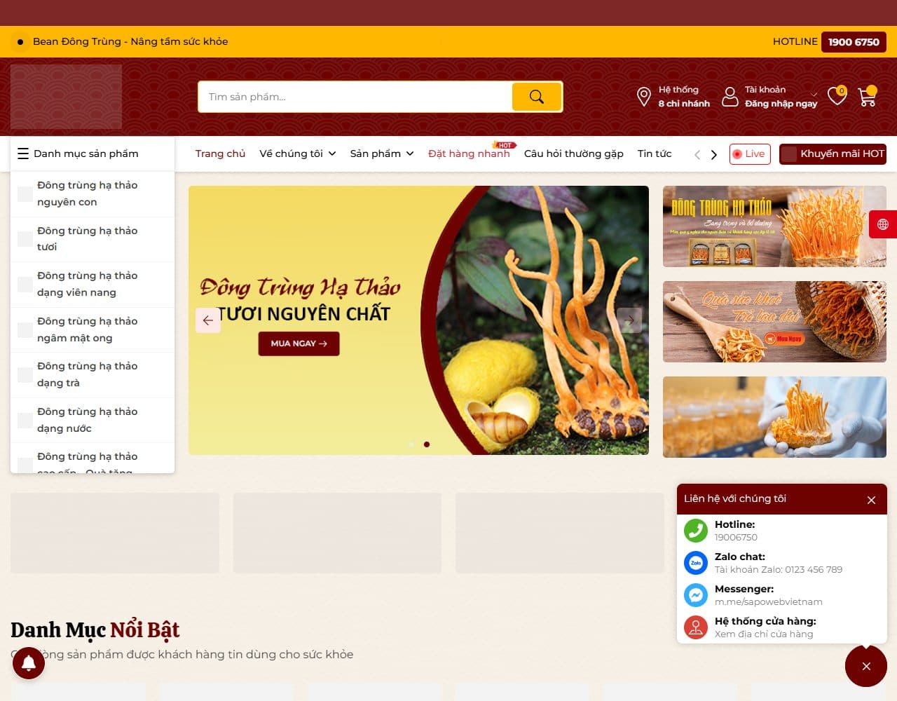 Mẫu website Bean Đông Trùng – Dược liệu và quà sức khỏe - Giao diện ngành Nông sản, Thực phẩm sạch