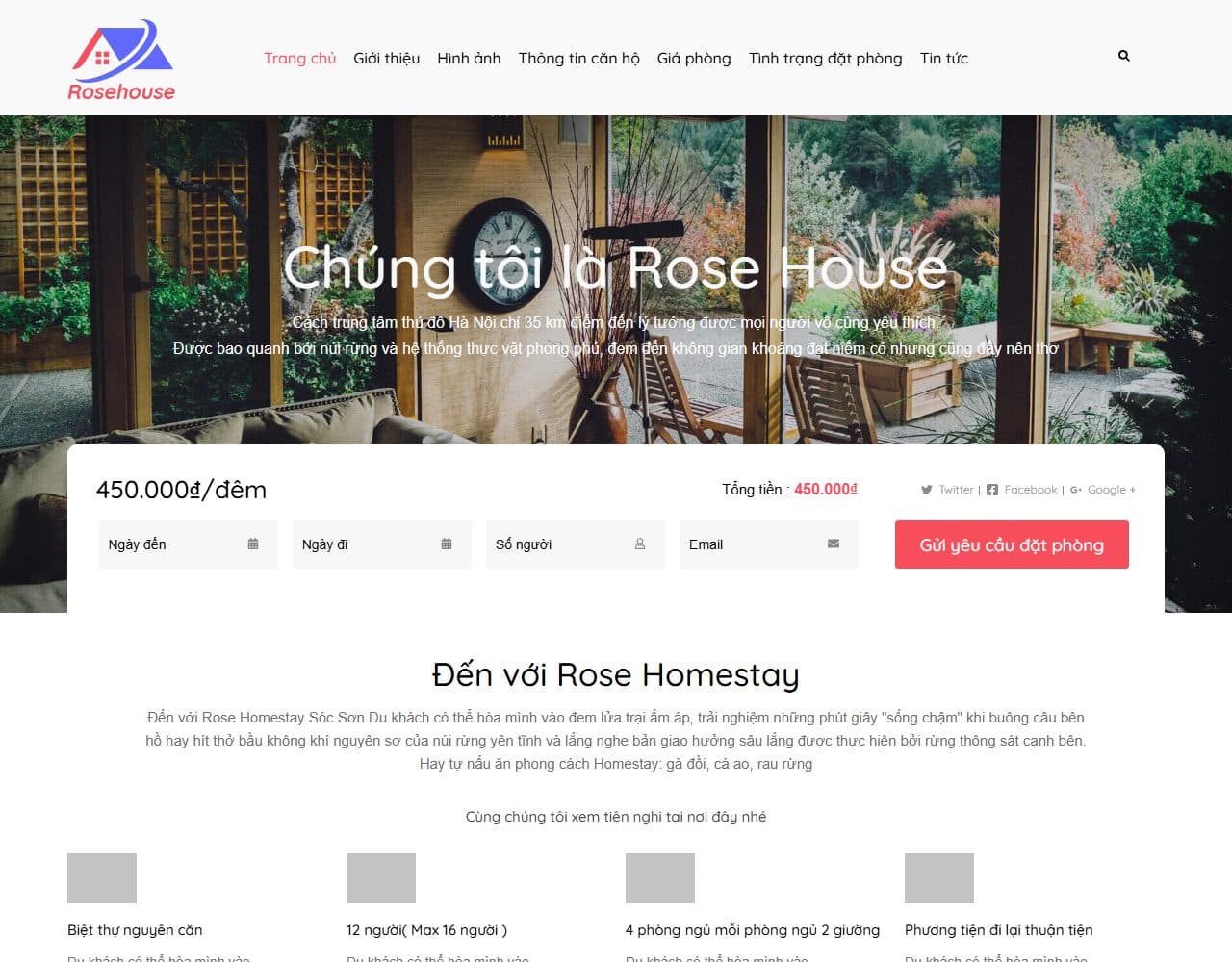 Mẫu website Rose Homestay – Lưu trú và nghỉ dưỡng - Giao diện ngành Khách sạn