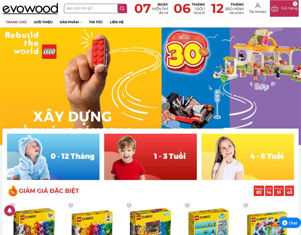 Mẫu website Evo Wood – Đồ chơi lắp ráp - Giao diện ngành Mẹ & Bé