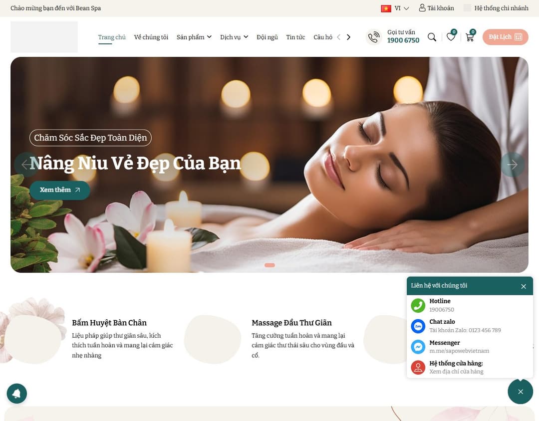 Mẫu website Bean Spa – Chăm sóc sắc đẹp - Xem giao diện thực tế